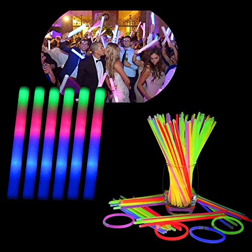 Blu7ive 130PCS Glow Sticks Bulk Pack, with 100 Glowsticks and 30 Foam Sticks, LED Flashing Light Up Batons Kids Toys Glow in The Dark Party Supplies for Birthday Wedding