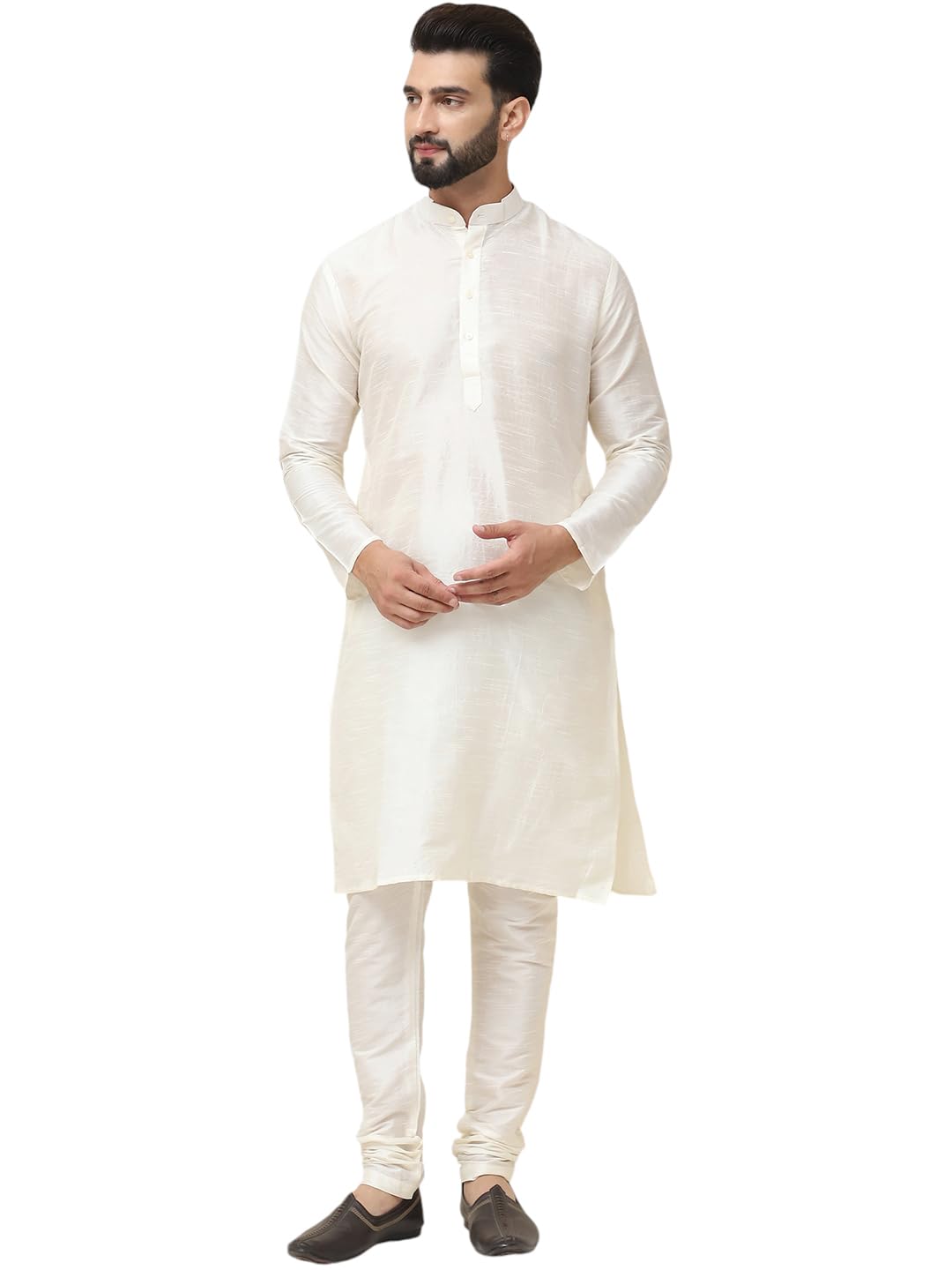 Sojanya (Since 1958 Men's Cream Dupion Silk Kurta & Churidaar Pyjama