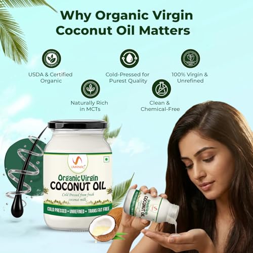 Image of Umanac Organic Virgin Coconut Oil- 500 Ml | Cold Pressed Method | 100% Organic | Unrefined | Fresh Coconut Milk | Natural Cooking Oil | Cococnut Oil For Hair & Skin