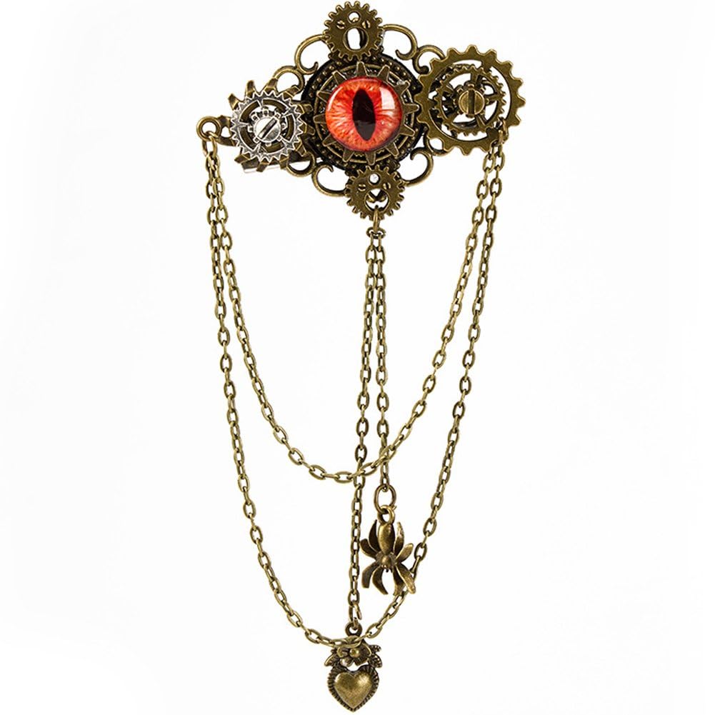 Caeanhi Steampunk Eye Brooch Dark Gothic Gear Chain Pin Lolita Tassel Badge Halloween Accessories for Shawls Wraps Skirts