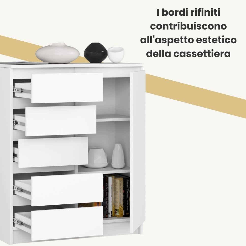 AKORD Cassettiera K80 con 1 Anta e 5 Cassetti | Mobiletti Ingresso Bagno | Armadio Cameretta | Comodino | Design moderno | 80x35x97 cm | Bianco
