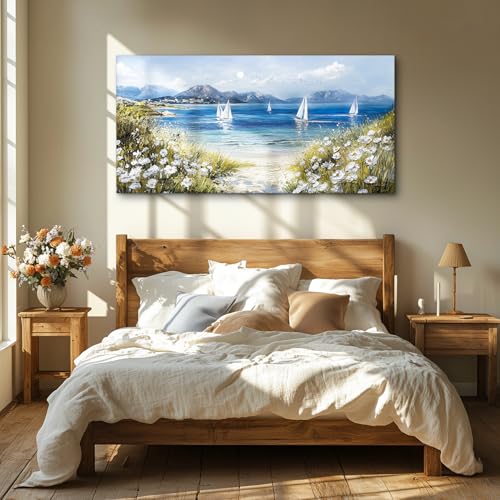 crmotu Beach Wall Art, Coastal Wall Art, Large Wall Decor, Wildflower Art Landscape Painting, Seaside Sailboat Canvas Pictures for Living Room Bedroom Dining Room Office Art Prints 30x60inch