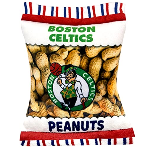 NBA Boston Celtics Crinkle FINE Plush Dog & CAT Squeak Toy - Cutest Stadium Peanuts Snack Plush Toy for Dogs & Cats with Inner Squeaker & Beautiful Baseball Team Name/Logo