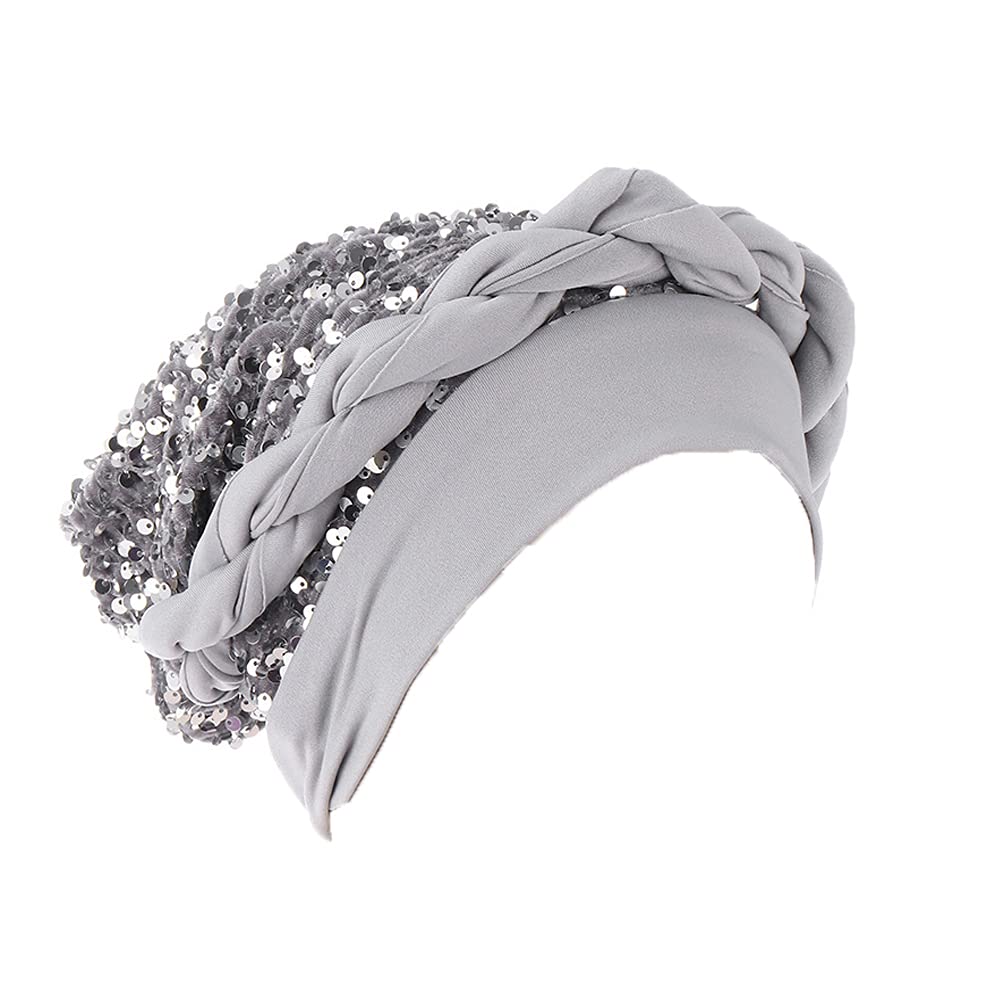 JDYaoYing Twisted Braid Turban Sequins Headwear for Women Headwrap Beanie Cap Hair Cover Hat Grey