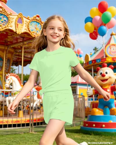 Image of Bestuline Girls Summer 2 Piece Outfits,Basic Short Sleeve Top & Shorts Set with Side Pockets,4-14Y