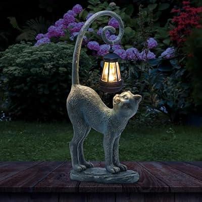 REYISO Fathers Day Decorations Gifts Outdoor Cat Garden Statues with Solar Lights, Home Decor Cat Figurines for Lawn,Patio,Balcony,Porch,Yard Art Ornament- Birthday Gifts for Women Grandma Sister