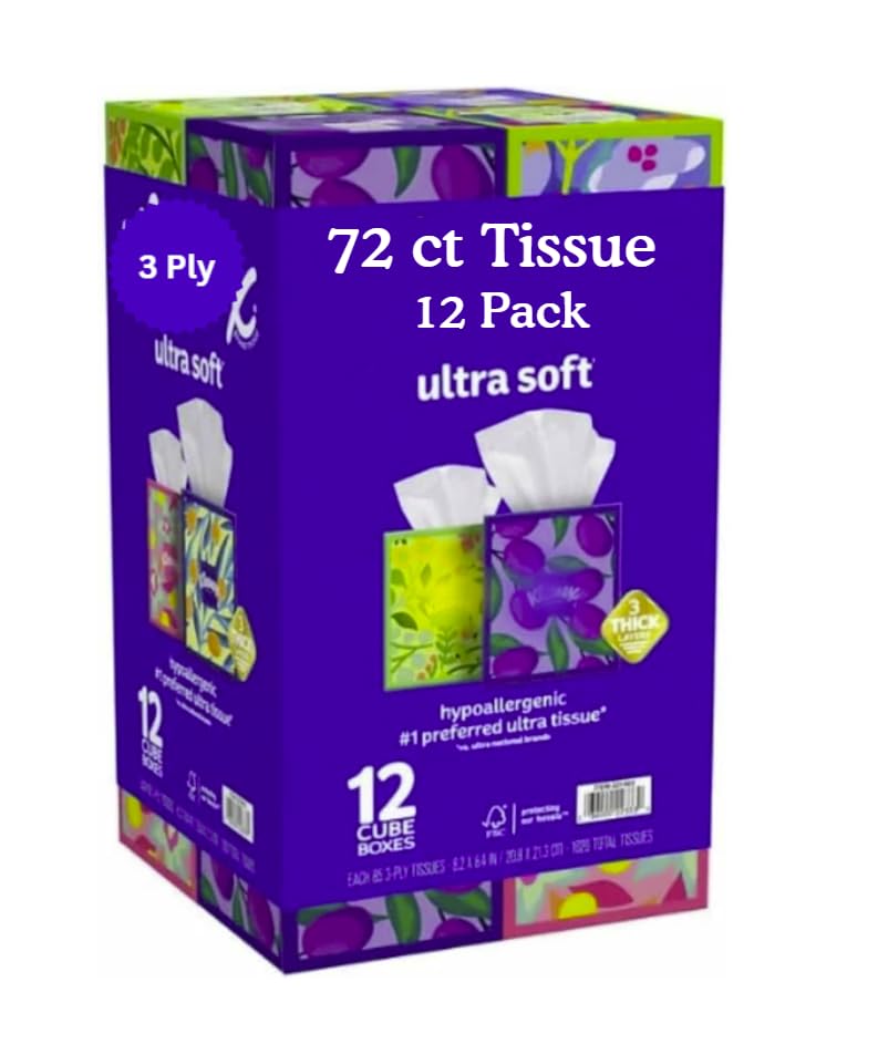 Ultra Soft 3-Ply Facial Tissues 12 Cube Boxes 72 tissues box 12 boxes