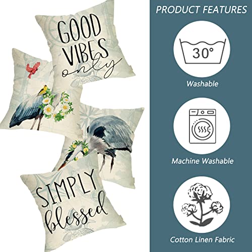 Fahrendom Summer Blue Heron Nautical Decorative Throw Pillow Cover 18X18 Set Of 4, Sea Bird Good Vibes Farmhouse Quote Ocean Beach Decorations, Coastal Lake House Porch Patio Cushion Case Home Decors #TOP2