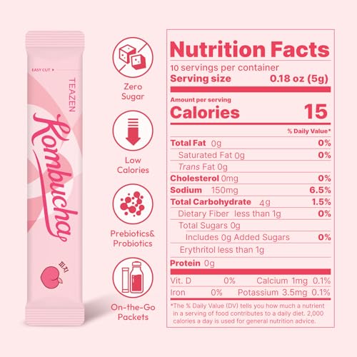 Image of TEAZEN Peach Kombucha Powder, Hydration Drink Mix, Sugar Free, Live Probiotics & Prebiotics, On-the-Go 10 Packets, 1.76oz