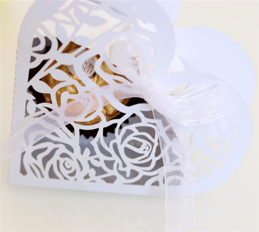 GIVBRO Cajas De Regalo De Boda En Forma De Corazón Ahuecadas Caja De Flores Cajas De Dulces Con Cintas Para Decoración De Mesa Rojo, 50 Piezas