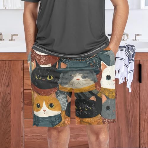 Men's Short Pajama Bottoms Cat Cowboy Funny Home Casual Sleep Pants4