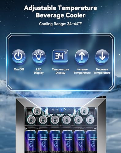 Image of Tehanld 130 Can Beverage Refrigerator, 3.1 Cu.ft Mini Fridge with Glass Door for Drink, Beer, LED Light, 34-64℉, Adjustable Removable Shelves, Beverage Fridge for Bedroom, Office, Bar-Silver