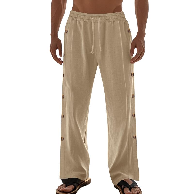 ZOCANIA Linen Pants for Men Drawstring Elastic Waist Casual Beach Pants Button Decor Straight Leg Baggy Athletic Trousers3