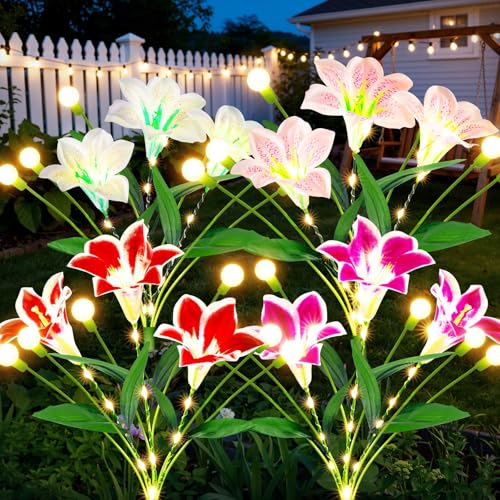 WdtPro Upgraded Solar Garden Lights Outdoor: 4 Pack 2-in-1 Solar Firefly Swaying Light with Lily Flower and Glowing Stem, Waterproof Garden Decor for Yard Patio Pathway Lawn, Gardening Gifts for Women