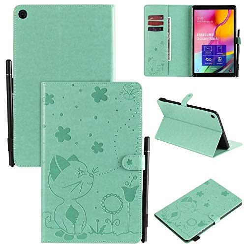 Hülle für Samsung Galaxy Tab A 10.1 (2019) T510,Pu Leder Katze Biene Schutzhülle Case Cover mit Ständer Stift Halter Funktion,Grün