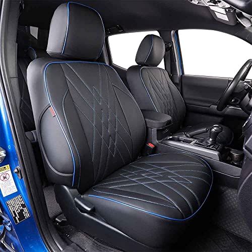 Image of EKR Tacoma Leather Car Seat Covers Custom Fit for Toyota Tacoma 2012 2013 2014 2015 (Regular Seats) - Truck Seat Covers Full Set,Faux Leather(Black with Blue Trim)
