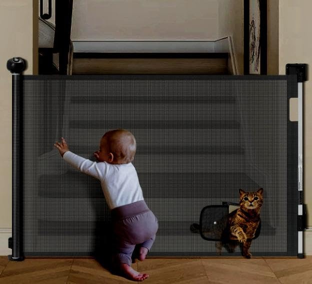 Barriere de Securite Enfant Rétractable, Barriere de securite Chien pour Les Escaliers/Portes/Couloirs/Intérieur/Extérieur,avec Trou pour Chat,86 x 150 cm (Noir) (B)