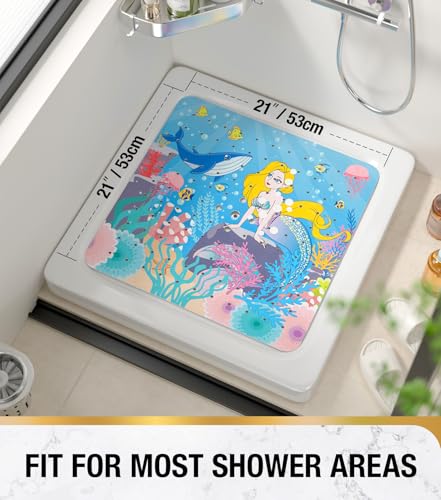 Image of HITSLAM Square Shower Stall Mat Anti Slip, Quick Dry 21x21 Inch Bathtub Floor Mat for Kids with Suction Cups and Drainage Holes, Machine Wash, Soft on Feet, Mermaid