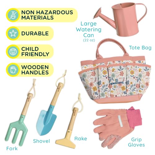 Gardening Set, Tool Kit, for Kids, STEM, Includes Tote Bag, Spade, Watering Can, Rake, Fork, Trowel and Gloves (Petal) - image 4