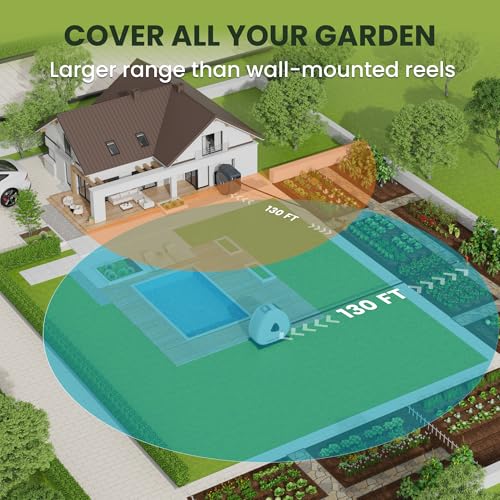 Giraffe Tools Ground Mounted Retractable Hose Reel 1/2 Inch x 130FT, Heavy Duty Automatic Rewind Garden Hose Reel, with Flexible Swivel Base for Lawn, Concrete Floor