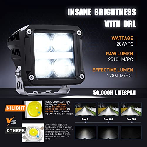 Image of Nilight 3.2 Inch Square LED Pod Lights with DRL 20W 2510LM 10 Degree Super Spot Beam 16AWG Wiring Harness Kit for Auxiliary Offroad Driving Ditch Lamps for Truck UTV ATV SUV 4x4