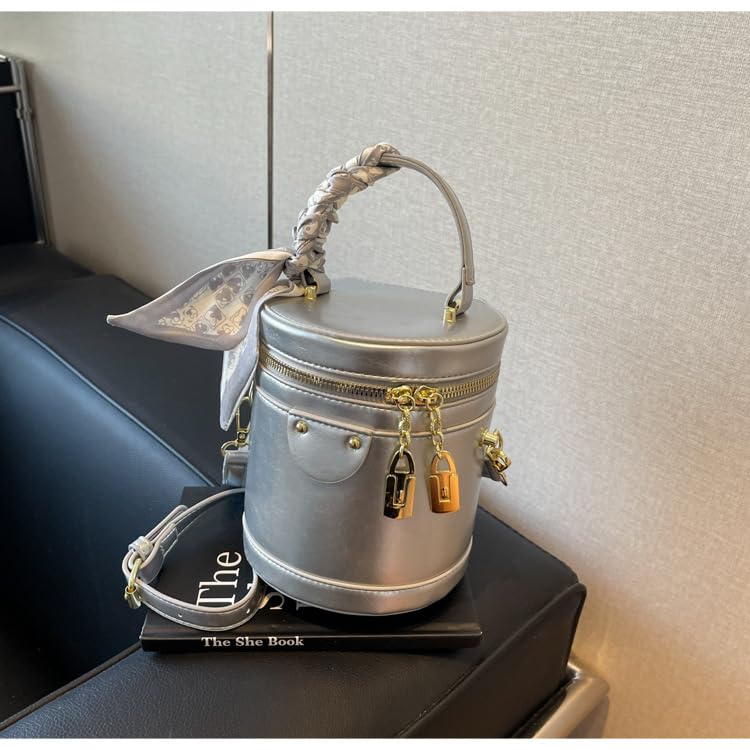 Cylinder Crossbody Bucket Bag for Women Vegan Leather Retro Handbag Small Top Handle Casual Purses Shoulder3