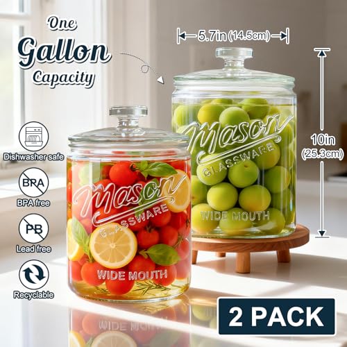 Image of 1 Gallon Glass Cookie Jar with Lid, 5.7'' Wide Mouth Mason Jars | 2 Pack Glass Canisters for Pantry Organizers & Storage, Candy Jar for Flour Sugar, Sourdough Starter, Dog Treat, Laundry Room