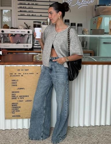 Wyeysyt Womens Cropped Knitted Cardigan Y2K Short Sleeve Button Down Sweater Cardigan Shirt Casual Solid Color Ribbed Outwear2