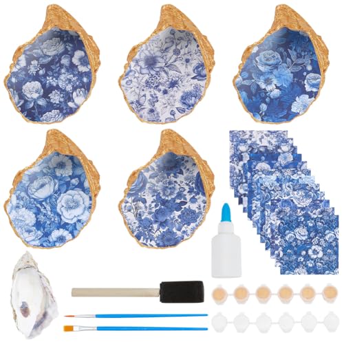 WEBEEDY Juego de 5 cuencos de conchas de conchas para manualidades, anillo de flores azules, kit de soporte para anillos para adultos, cuenco decorativo para joyas, concha de verano, organizador de