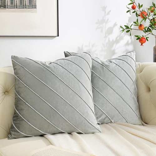 Image of GIGIZAZA Decorative Velvet Pillow Covers 20x20 , Set of 2 Silver Grey Sofa Couch Throw Pillows Covers Cases , Living Room Square Cushion Accent Stripe Covers