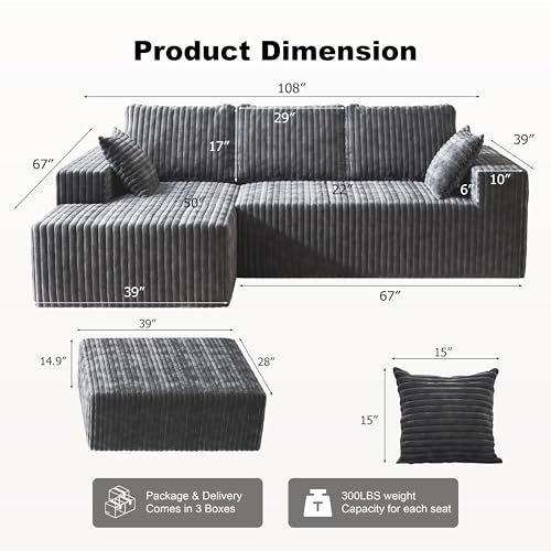Image of Modular Sectional Sofa Couches L-Shape Couch 3 Seat Modular Sofa Memory Foam Sectional Couches for Living Room (Gray, 108 inch+Left Chaise + Ottoman)