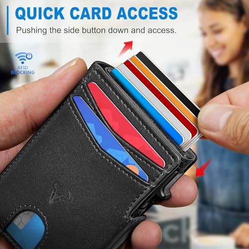 Image of VOGARD Slim RFID Blocking Wallet for Men | Pop-Up Card Holder with Money Clip & Coin Pocket | Magnetic Flip Leather Wallet | Holds 9 Cards, Cash & Keys | Black