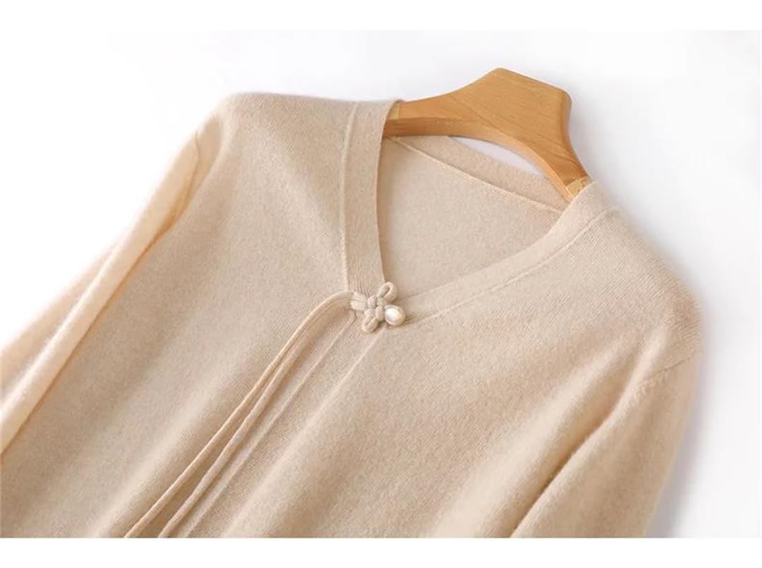 Abito da donna in maglia di lana con scollo a V ampio abbottonato manica midi abito caldo autunno inverno, beige-XL