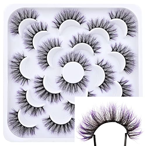 False Eyelashes 18mm Lashes Long Colored Lashes D Curl Strip Lashes That Look Like Eyelash Extension Fluffy Mink Lashes Pack Volume Fake Eye Lashes with Color Wispy Eyelashes 10 Pairs(Purple)
