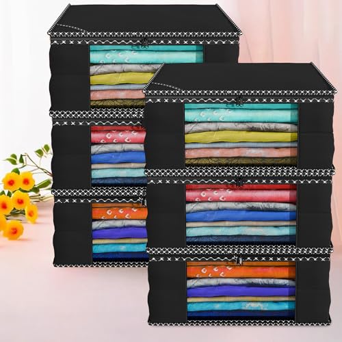 Image of Kuber Industries 46x33x22CM Non-Woven Clothes Organizer For Wardrobe (Pack of 6) - Storage Organizer For Saree | Dress Organizer For Wardrobe - Saree Covers With Zip (Black)