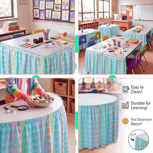 Image of Oudain 14 ft Smiling Face Table Skirt Cloths for Teacher Desk Cartoon Wrinkle Smiling Face Table Cover Skirt for Kindergarten Classroom Kidney Shaped Desk Back to School Supplies