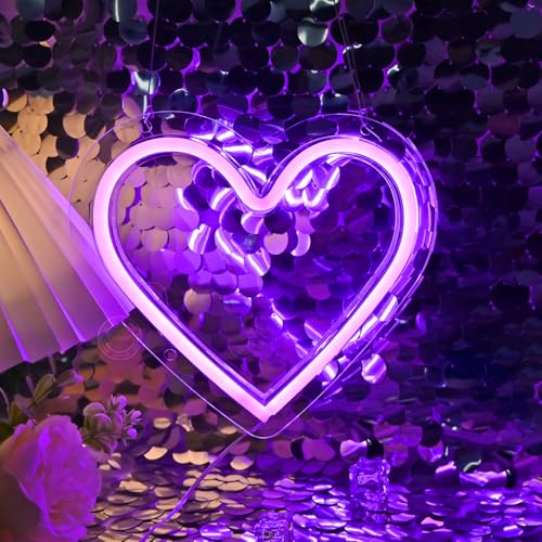 Image of Britrio Heart Neon Sign, Purple Love Neon Light Room Decor for Girl Bedroom LED Heart Lamp for Birthday Party Wall Decoration Home Decor Mothers Day Valentine Gifts Battery Operated or USB Powered