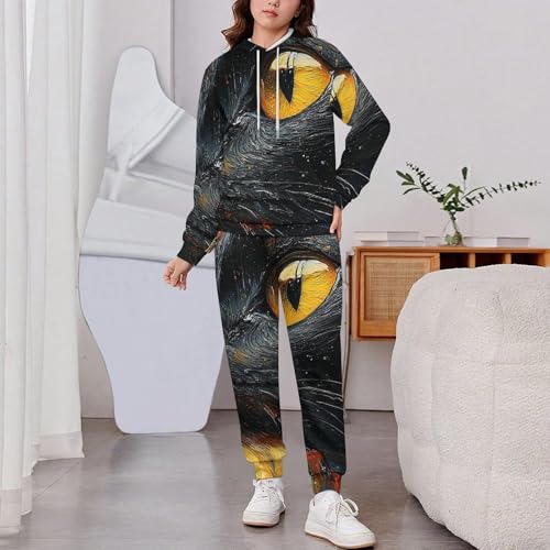 Boy's Girl's Hooded Tracksuit Pullover Sweatshirt Jogging Pants Sweatsuit, Black Cat Dark Night Psychedelic2