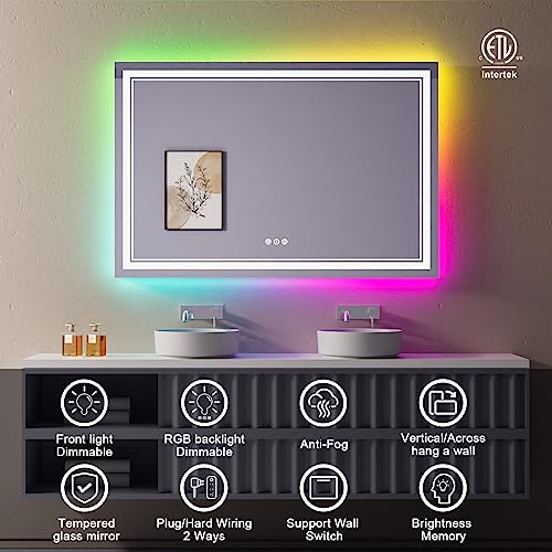 60x40 Inch RGB LED Bathroom Mirror with Lights, Color Changing RGB Backlit LED Mirror for Bathroom,Lighted Vanity Mirrors for Bathroom Wall, Dimmable, Anti-Fog (RGB Backlit+Front-Lit)