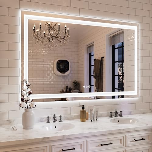 ISKM 55''L x 40''W LED Mirror for Bathroom Lighted Vanity Mirror for Wall Front Lights + Backlit LED Bathroom Mirror Anti-Fog Tempered Glass ETL Listed
