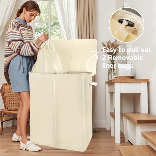 Voova 154L Double Laundry Hamper with Lid and 2 Removable Bags, Beige - image 5