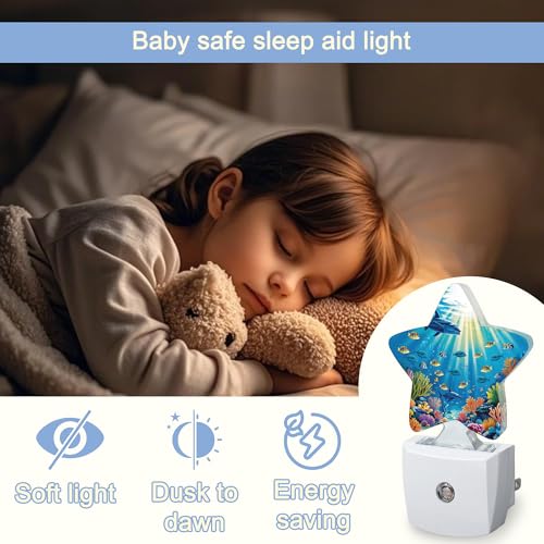 Image of Underwater World Night Light,Sea Ocean Fish Plug-in Star Night Lights with Dusk-to-Dawn Sensor for Bedroom,Bathroom,Living Room Sleep Friendly Lamp for Women Girls Boys Gift,0.5W