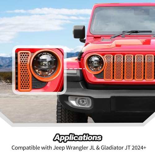 Image of JeCar 9pcs Orange Grill Inserts & Headlight Covers Trim Kit for 2024 2025+ Jeep Wrangler JL JLU