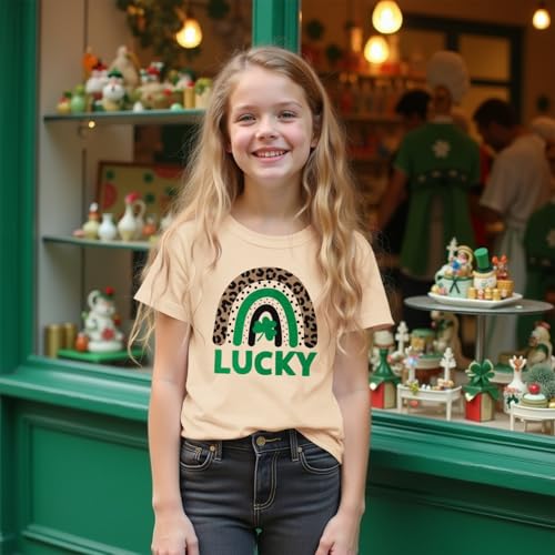 Image of MODNTOGA Kids Girl St Patricks Day Shirt Leopard Rainbow Graphic Tee Lucky Shamrock T-Shirt Green Clover Short Sleeve Tops