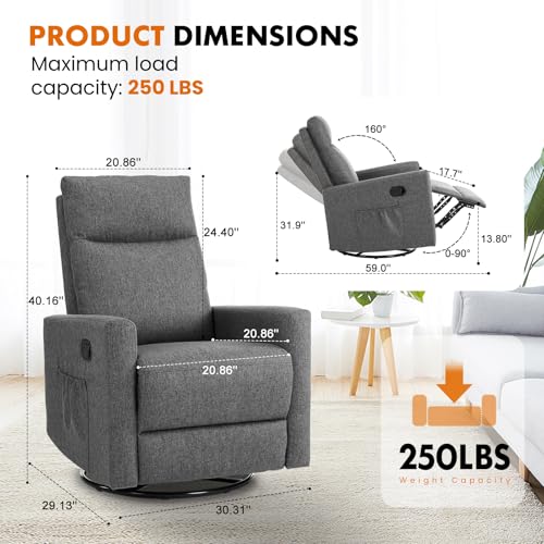 Sweetcrispy Swivel Recliner Chair, Rocking Chair Nursery, Glider Rocker Recliner for Nursery, Glider Nursery Chair for Living Room with Extra Large Footrest, High Back, Upholstered Deep Seat (Grey)