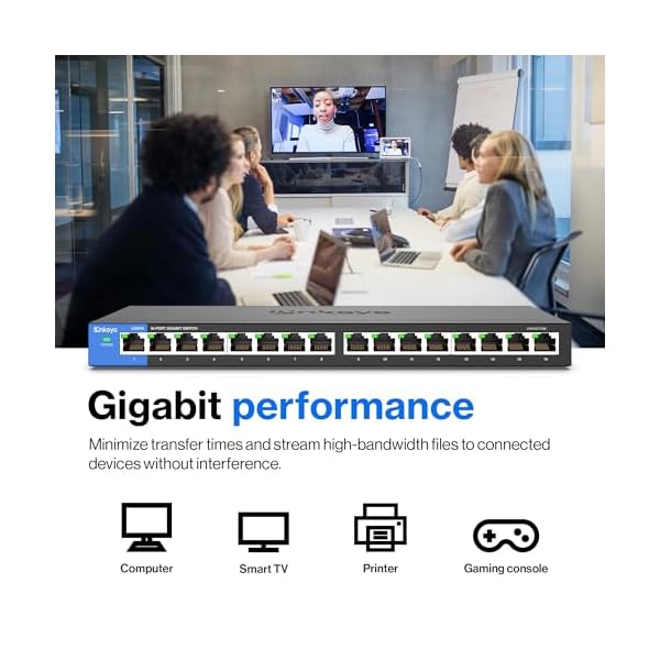 Linksys LGS116 16 Port Gigabit Unmanaged Network Switch - Home / Office Ethernet Switch Hub with Metal Housing - Wall Mount or Desktop Ethernet Splitter, Easy Plug & Play Connection