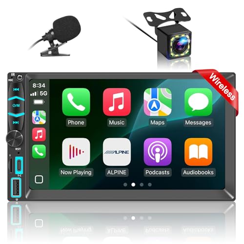 Radio Doble DIN con inalámbrico Carplay inalámbrico Android Auto Radio con Pantalla, 7 Pulgadas Car Play Autoradio 2 DIN Touchscreen Display Bluetooth, Mirror Link, Am/FM/RDS, TF, SWC, Cámara Trasera