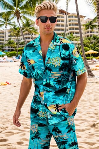 Image of Cromoncent Boy and Men Hawaiian Outfits Short Sleeve Shirts and Shorts Hawaiian Suits Beach Tropical 2 Pcs Vacation Sets