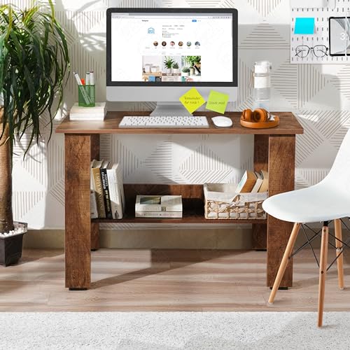 Image of ABOUT SPACE Rustic Wooden Study Table with Storage | Multipurpose Office Desk for Students & Adults | Solid Wood | Brown