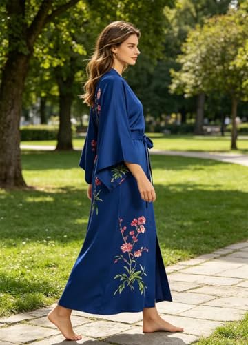 Image of Women's Classic 100% Silk Kimono Robe, Bathrobe-Printed Pattern